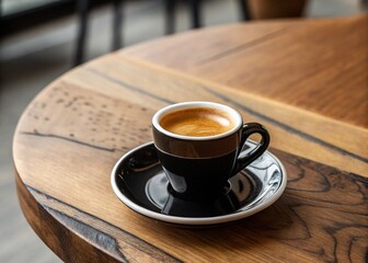 Obraz premium Minimalist Still Life of a Cup of Coffee on a Wooden Table Featuring Espresso, Cappuccino, or Latte in a Warm, Cozy Cafe Setting Ideal for Morning Relaxation and Sophisticated Breakfast Scenes