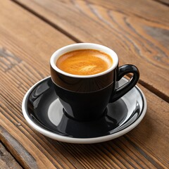 Obraz premium Minimalist Still Life of a Cup of Coffee on a Wooden Table Featuring Espresso, Cappuccino, or Latte in a Warm, Cozy Cafe Setting Ideal for Morning Relaxation and Sophisticated Breakfast Scenes