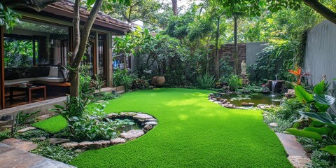 Fototapeta premium Serene Backyard Oasis: Lush Greenery, Tranquil Pond, and Modern Design