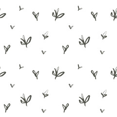 Seamless thyme herb pattern with hand drawn green leaves on white background in earthy organic style