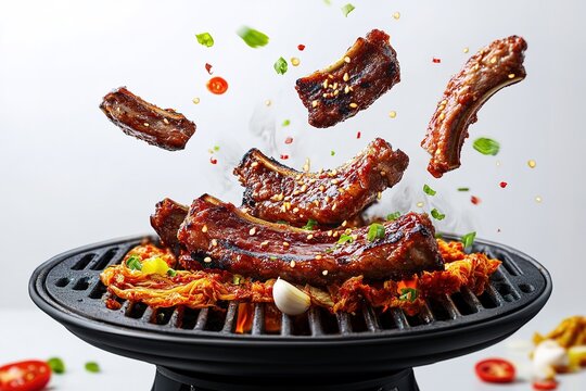 Delicious barbecue ribs flying from a hot grill.