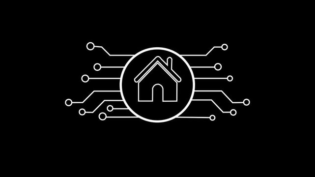  Smart home symbol digital circuit board Isolated on Black Background. Glowing neon line Smart home icon ,Video motion graphic animation.
