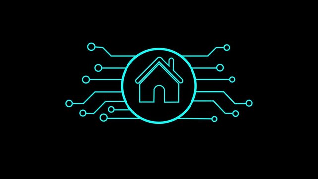  Smart home symbol digital circuit board Isolated on Black Background. Glowing neon line Smart home icon ,Video motion graphic animation.