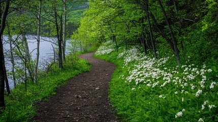 Obraz premium Scenic Hiking Trail Framed by Blooming Flowers and Greenery
