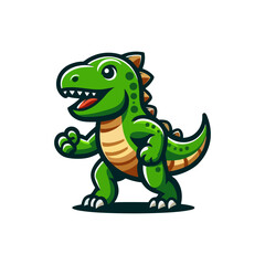 Obraz premium Cute cartoon green dinosaur character walking with a happy expression, prehistoric creature illustration