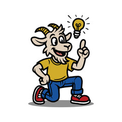 Cartoon Goat Character with Idea, Retro Mascot Style Animal Holding Light Bulb