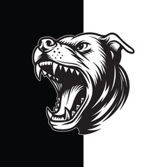 Angry Dog Vector Illustration, Roaring Guard Dog Head in Black and White Vintage Style for Mascot or Logo