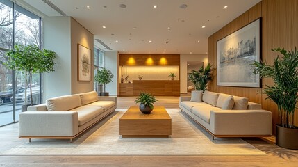 Fototapeta premium Modern healthcare facility designed like a luxury hotel with soft neutral tones, wooden details, and an inviting layout