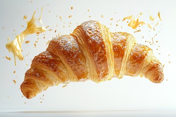 Delicious croissant in mid-air, showered with sweet topping.