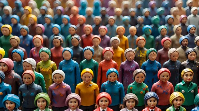 Colorful rows of small figurines dressed in traditional clothing with headscarves arranged in tight formation, viewed from the front angle

