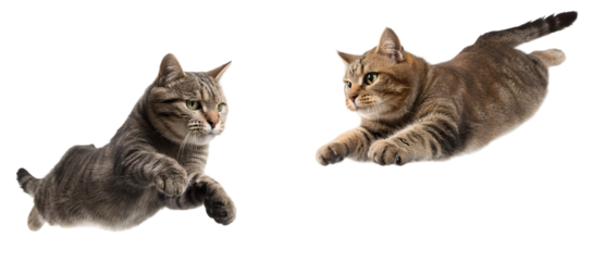 Two cats leaping across black background