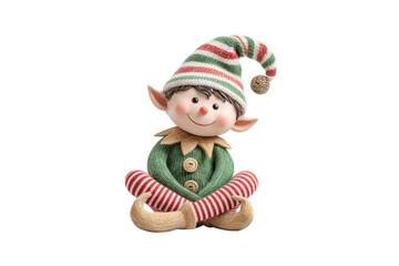 PNG Cute christmas elf doll with red-striped hat and green outfit sitting cheerfully