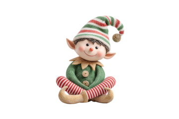 PNG Cute christmas elf doll with red-striped hat and green outfit sitting cheerfully