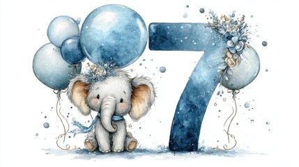 Adorable elephant with balloons and number seven in blue watercolor design