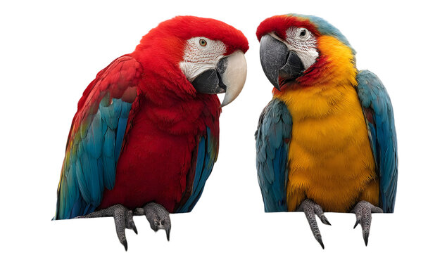 Two colorful macaws parrots perched together