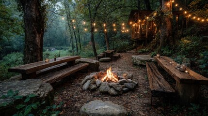 Cozy forest campsite with fire pit and wooden benches in tranquil woodland setting