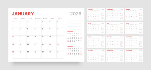 Monthly calendar layout for 2026 year. Diary planner for 2026 year. Week Starts on Sunday. Calendar Set for 2026 year.