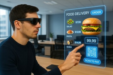 Man Wearing Smart Glasses Ordering Food Online Modern Technology Digital Menu Interface Food Delivery App Innovative Gadget Future Technology Digital Lifestyle Convenient Ordering System Seamless User