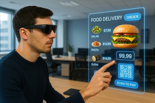 Man Wearing Smart Glasses Ordering Food Online Modern Technology Digital Menu Interface Food Delivery App Innovative Gadget Future Technology Digital Lifestyle Convenient Ordering System Seamless User