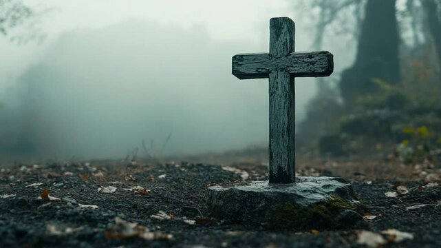 A weathered cross stands in a foggy cemetery surrounded by fallen leaves and trees