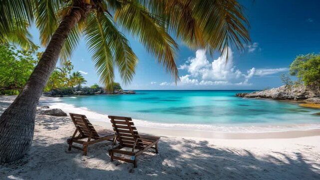 Two lounge chairs on sandy beach under palm trees by turquoise sea  