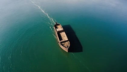 Solitary Vessel: An Aerial View of a Derelict Ship at Sea