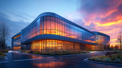 Twilight hospital building with reflective glass panels, ambient lighting, and dramatic skies symbolizing resilience and healing