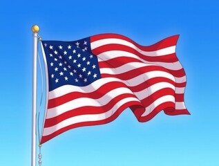 Fototapeta premium A high-resolution depiction of the United States flag, waving proudly in the wind against a clear blue sky, symbolizing patriotism and freedom