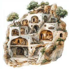 Unique cave dwelling architecture nestled in a rocky hillside landscape