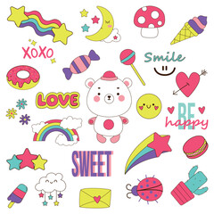 Set of different stickers with teddy bear characters, food, clouds, rainbow, stars, objects. Vector fashion cartoon elements for stickers, patches or pins.