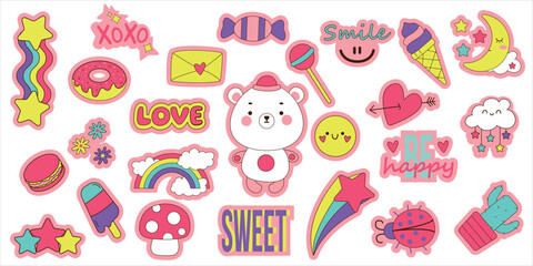 Set of different stickers with teddy bear characters, food, clouds, rainbow, stars, objects. Vector fashion cartoon elements for stickers, patches or pins.