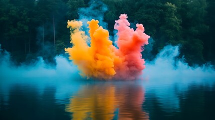 Vibrant colored smoke clouds in pink and orange rise over a calm lake, surrounded by lush green trees