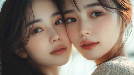 Fototapeta premium Young woman and her elderly mother take care of their skin and look great,Two generations,Beautiful middle aged mother and her adult daughter,skincare and Aging concept,Comparison of young and old.