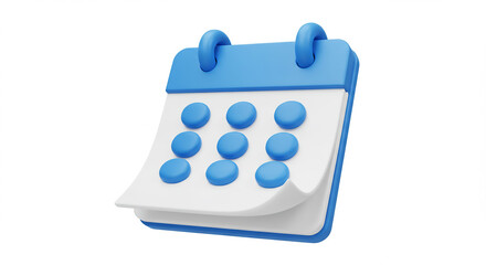A stylized blue and white calendar with nine blue circles on a white background isolated on white