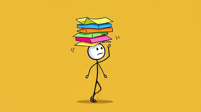 Stick Figure Carrying Stack of Papers Animation Feeling Overwhelmed