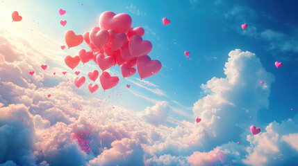 A Box flying on a parachute with pink cloud in valentine day,package flying down from sky and cloud with parachute, concept for delivery service,shopping online,air delivery service.