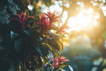 Obraz premium Red bromeliads grow on a tree, backlit by golden sunlight. Use this as background for designs with nature or tropical themes.