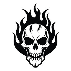 Skull engulfed in flames, bold monochrome design, macabre emblem, black silhouette image