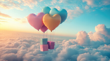 A Box flying on a parachute with pink cloud in valentine day,package flying down from sky and cloud with parachute, concept for delivery service,shopping online,air delivery service.