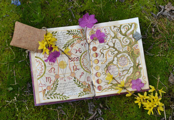 Mystic still life with decorated old pages with fantasy and mystic symbols of witch magic spell book, with flowers on moss. Gothic and esoteric background. Only fantasy letters, no foreign language