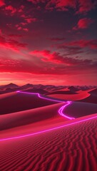 Red dunes glowing with pink circuitry under a twilight red sky wallpaper background vertical design concept