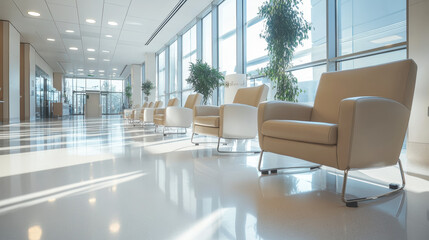 Fototapeta premium Background of empty hospital corridor,Empty long corridor in modern office building,Hospital hallway, reception clinic,Unfocused background.