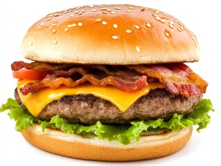 Delicious hamburger with crispy bacon and melted cheese, a culinary delight juicy