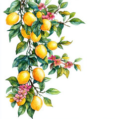 Watercolor Lemon tree branches seamless border,lemon set On a white background,Summer citrus fruit,Juicy colors,Hand drawn lemon set,Botanical illustration collection,Whole lemons,banner menu drink.