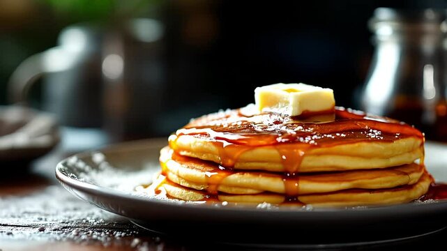 Cinematic close up of a stack of pancakes being drizzled with syrup and butter melting 