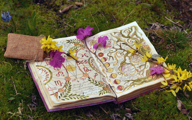 Mystic still life with decorated old pages with fantasy and mystic symbols of witch magic spell book, with flowers on moss. Gothic and esoteric background. Only fantasy letters, no foreign language