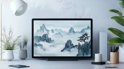 Fototapeta premium A clean and minimalist workspace featuring a monitor displaying a serene landscape with misty mountains and trees