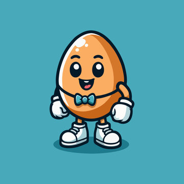 Adorable cartoon egg character with a cheerful smile, wearing a dapper bow tie and cool sneakers, a charming illustration for breakfast, food, and playful designs.