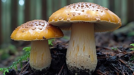 Two orange mushrooms in forest floor