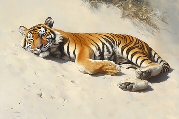 Obraz premium A tiger resting peacefully on the sand, with its eyes closed and a serene expression on its face